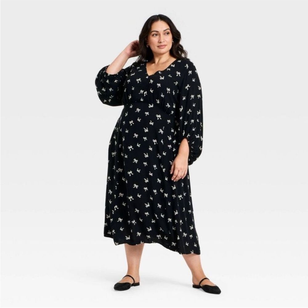 Ava & Viv plus size midi dress black ivory neutrals coquette bow print 1X (18)